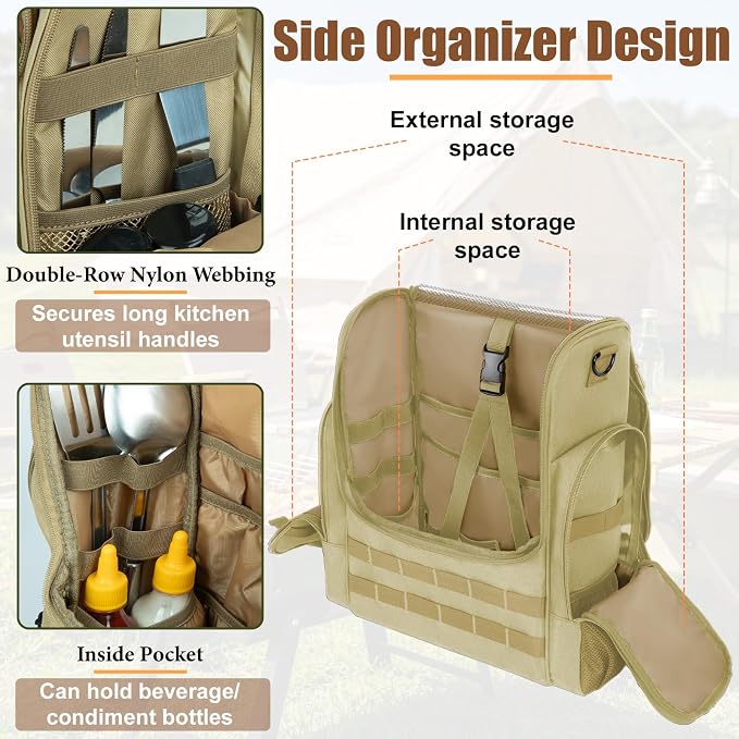 Large Camp Kitchen Organizer with Paper Towel Holder,Hanging Camping Storage Organizers with Metal Hook, Camping Utensil Bag for BBQ Cooking Essentials, With a Canvas Bag for Picnic Pot, Khaki