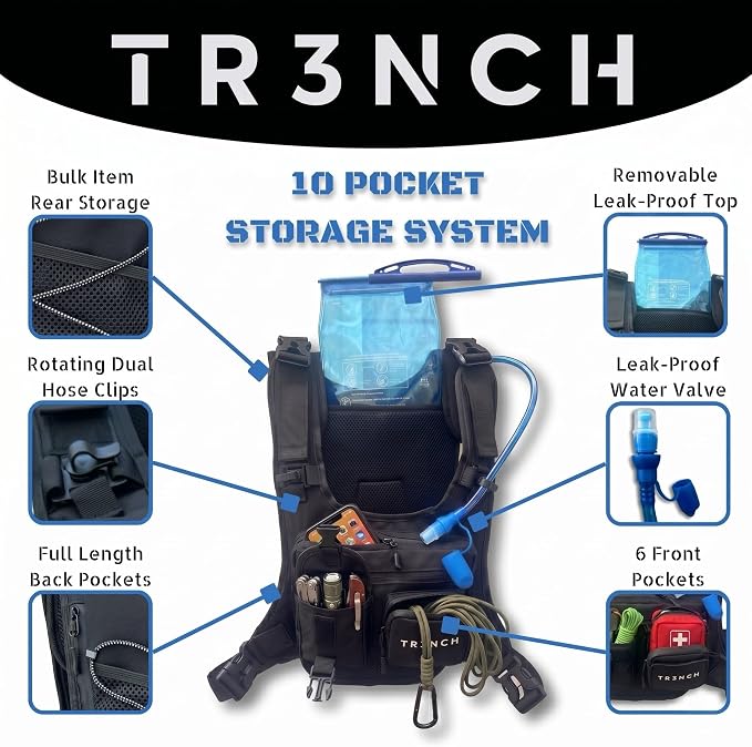 TR3NCH Tactical Running Vest with 2L Hydration Bladder, Adjustable Utility Chest Rig and Water Pack for Hiking and Hunting
