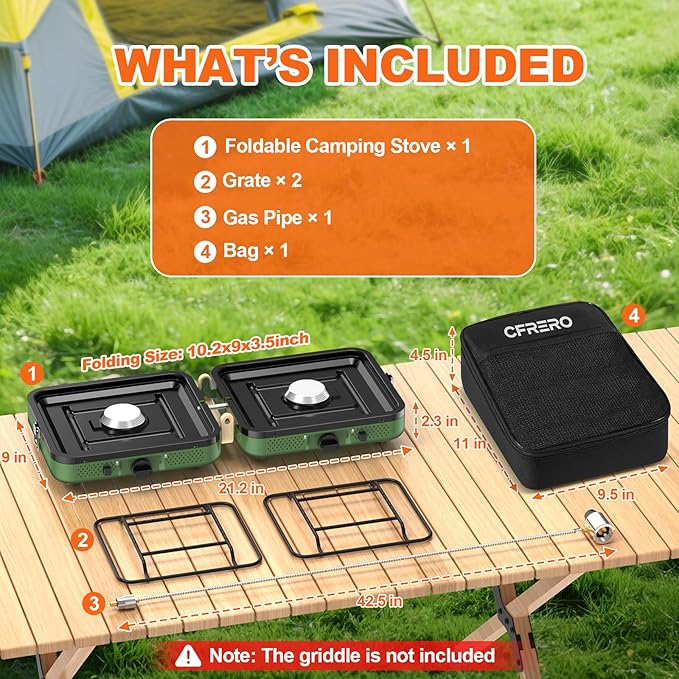 Propane 2-Burner Foldable Camping Stove with Carry Bag, Portable Propane Camp Stoves with Adjustable Burners & Piezo Ignition for Outdoor Cooking, Tailgating, Backyard Gathering(Griddle Not Included)