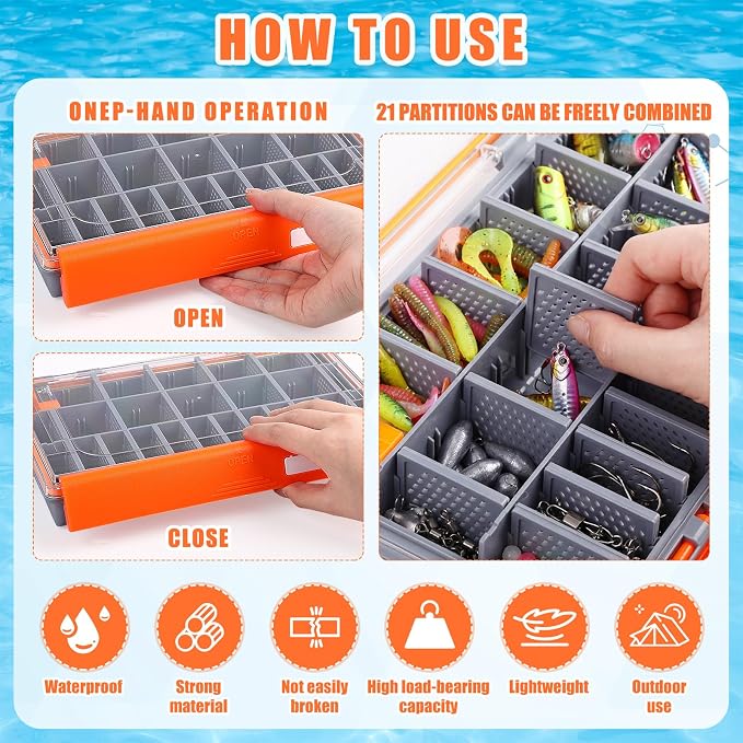 Junkin 6 Pack 3600 Fishing Tackle Boxes Waterproof, High-vis Orange Lure Organizer Trays with Removable Dividers, Airtight Bait Storage Case for Bass Fishing Backpacks & Kayak Gear Accessories