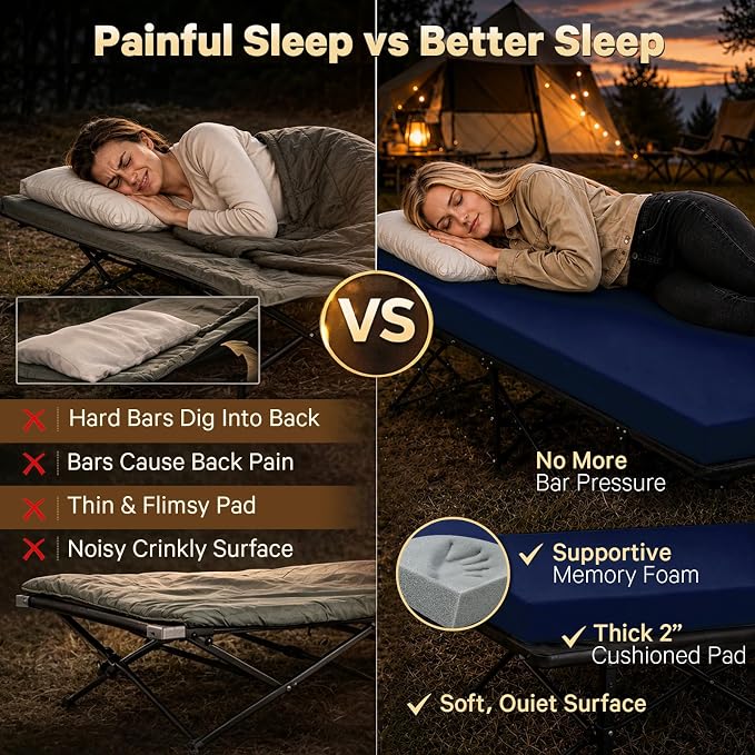 CYMULA Camping Cot Pad 2 Inch Memory Foam, Camping Pad for Folding Cot and Foldable Cot, Portable Roll Up Camp Gear for Car Camping Travel Tent, Non-Slip Waterproof Bottom, Removable Cover, Pad Only