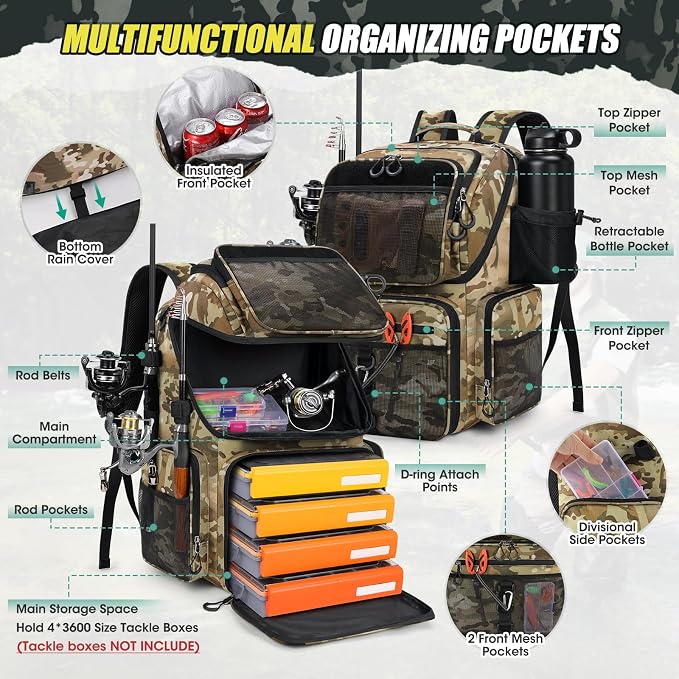 RAINSMORE 45L Fishing Backpack with Rod Holders & Rain Cover Large 900D Water-resistant Fishing Tackle Bag Store Fishing Gear