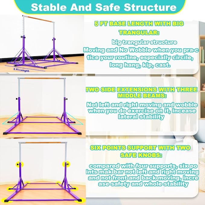 Marfula Gymnastic Bar For Kid and Teenage of 3-25, 5Ft/8 FT Base Length 4Ft Width 5Ft Adjust Height, Gymnastic Kip Bar For Gymnast, Gymnastic Training Equipment For Professional Training Home Club Use