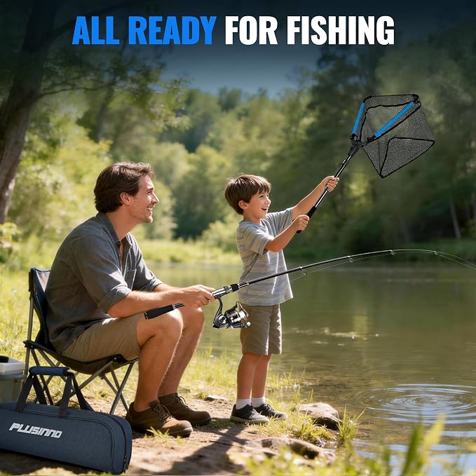 PLUSINNO Fishing Rod and Reel Combo Pole Gear Kit Telescopic Beginner | Portable All-in-One Fishing Equipment, with Freshwater Bass Trout Lures Kit Floating Net, with Carrying Case, Gifts for Men
