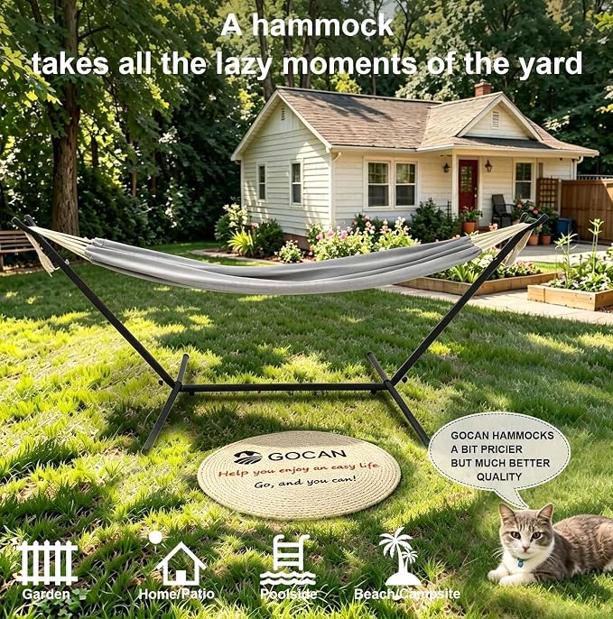 GOCAN Brazilian Double Hammock 2 Person Extra Large 330X150cm Load Capacity 600Pound Canvas Cotton Hammock for Patio Porch Garden Backyard Lounging Outdoor and Indoor XXL(Grey)