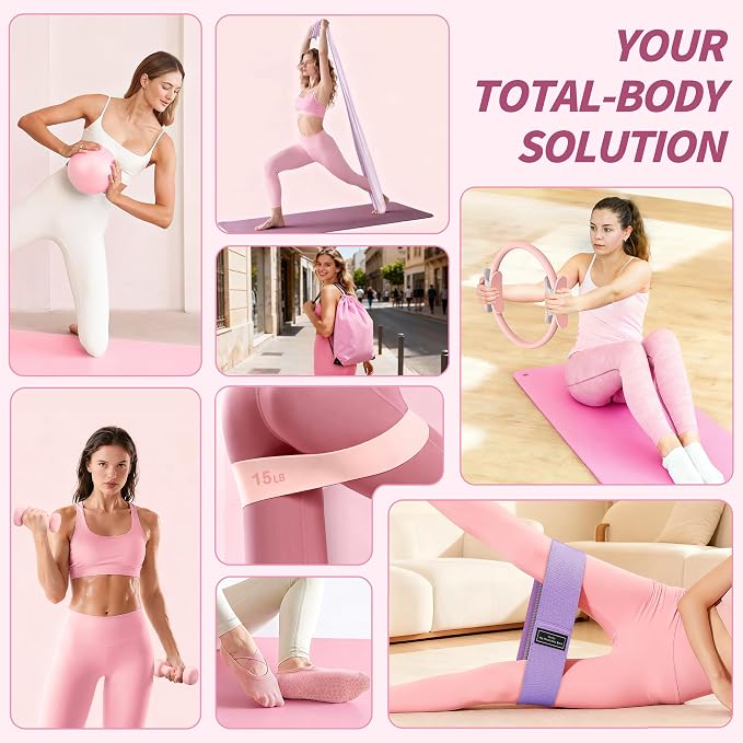 NANATI Pilates Kit, Home Pilates Workout Kit for Women, Pilates Equipment with 14.5" Pilates Ring and Ball, Resistance Bands, Dumbbells & Grip Socks for Home Workouts