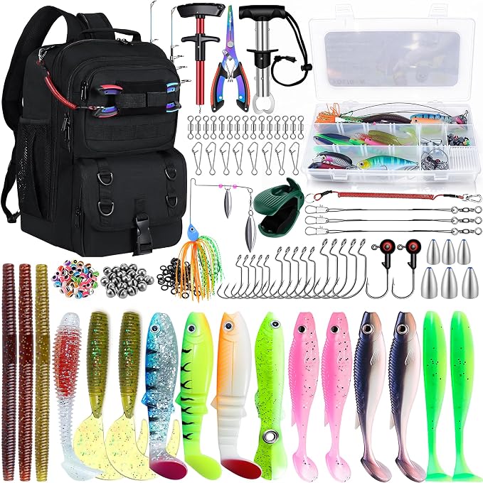 Fishing Backpack with Tackle Boxes,Fishing Sling Tackle Bag with Rod Holder Waterproof Fishing Bag with Fishing Gear, Fishing Gifts for Men Women Gear Combo Kit,Black