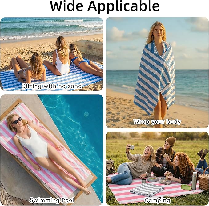 JOYMOOP 3-Pack Microfiber Beach Towel Set – 70" x 35.4" Ultra-Absorbent Beach Towels Oversized, Sand-Free & Portable, Quick-Dry Cabana Stripe Towels with Travel Storage Bags (Pink & White)