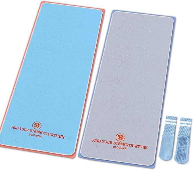 2 Pack Yoga Mat Towel with Bonus Grip Socks, Lavender Gray+Sky Blue | Elegant Embroidered, 1-Second Sweat Absorption & Non-Slip | Machine Washable Microfiber | Hot Yoga, Pilates | 73''*27.6''