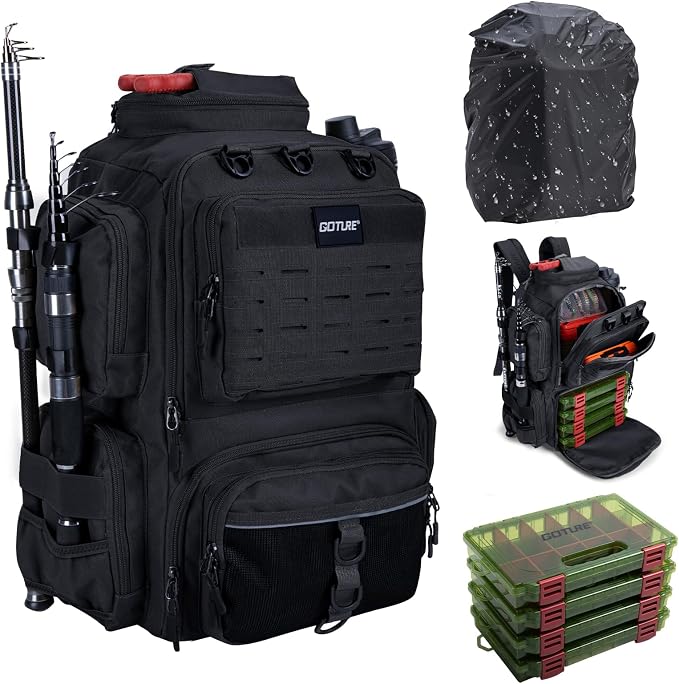 Goture Fishing Backpack with 4 Tackle Boxes,900D Water-Resistant Tackle Backpack with Rod Holders,45L Large Fishing Bag Storage Gear Tackle Bag with Rain Cover,Bottle Holder for Travel Camping Hiking