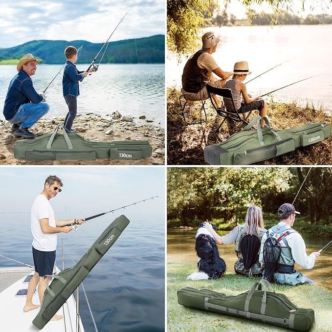 Fishing Rod Case with Fishing Tackle Box Portable Folding Rod Case Pole Reel Storage Bag Gears Organizer (130CM)