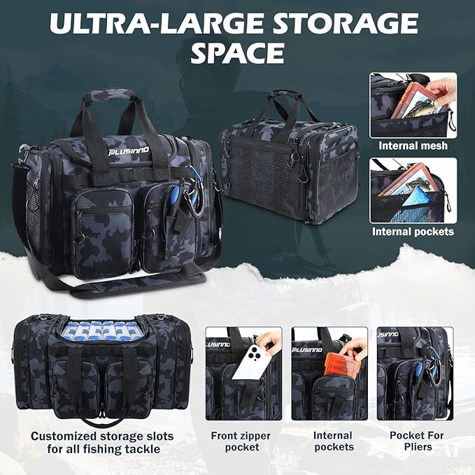 PLUSINNO Tackle Bag - Expandable Fishing Bag with fishing tools for Saltwater & Freshwater - Water Resistant Fishing Gear Shoulder Bag For Men, All-purpose Carrying Bags for Outdoors