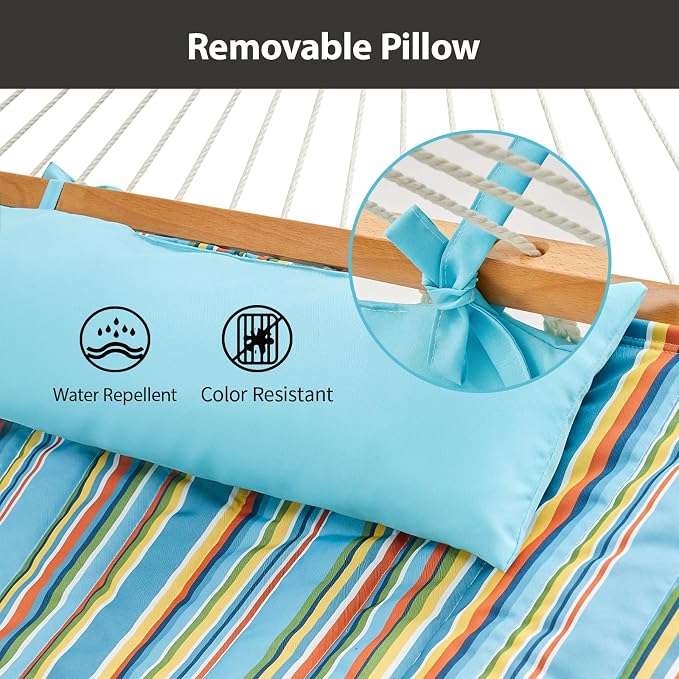 CHULIM Outdoor Double Hammock with Hardwood Spreader Bars, Large Rope Hammock with Polyester Pad and Pillow, 475 LBS Capacity for 2 Person Patio Backyard Poolside - Bule Stripe