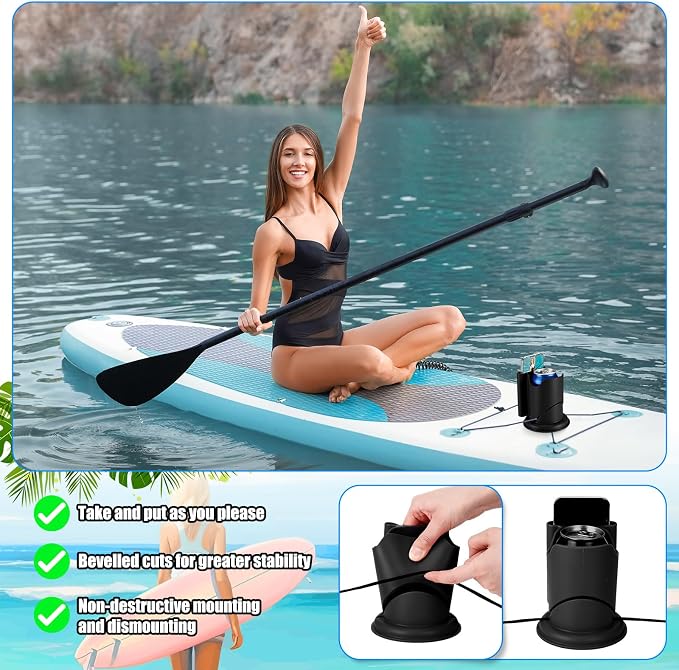 3 Pcs Paddleboard Cup Holder 2-in-1 Paddle Board and Kayak Drink and Phone Holder Paddle Board Accessories for Surfboards, Canoes, Sups, Kayaks, Boats (Black)