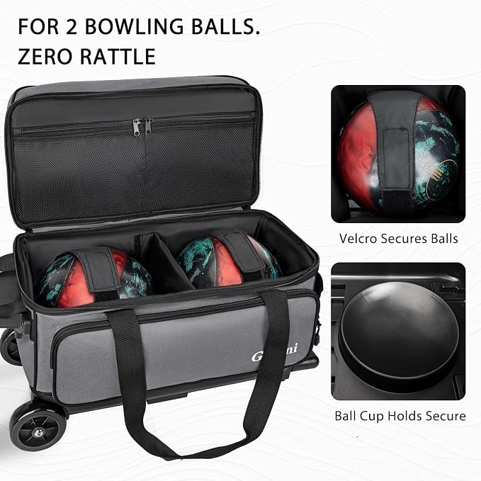 Goloni Double Roller 2 Ball Bowling Bag with Separate Shoe Compartment,2 Ball Bowling Bag with Wheels,Retractable Handle Extends to 40"