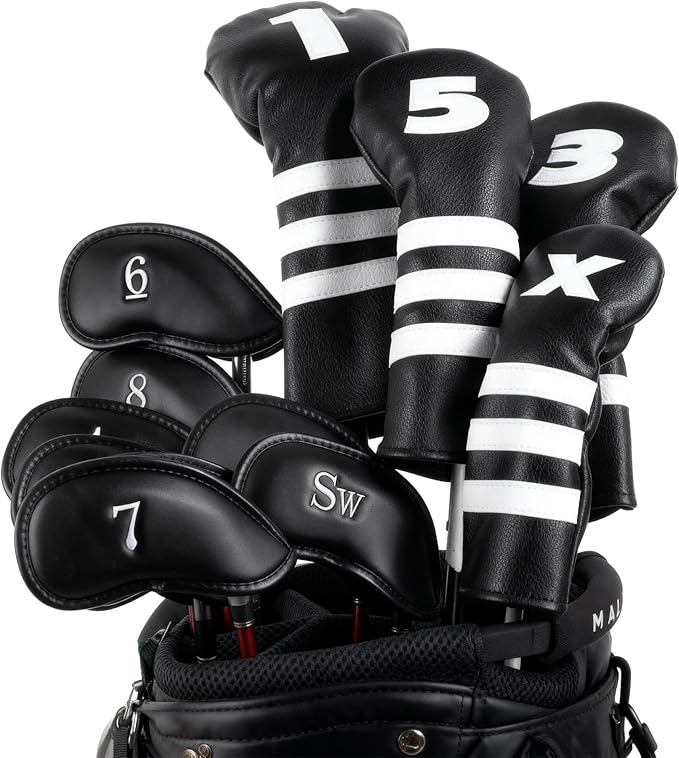 Golf Club Covers Set for Woods & Irons | Waterproof Magnetic Golf Iron Covers | Driver Wood Headcover | Durable Leather Protectors with Double-Sided Embroidery