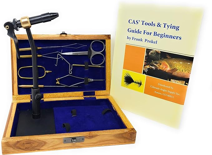Colorado Anglers Fly Tying Standard Tool Kit with Wooden Box & Book, Rotary Vise, Bobbin, Scissors, Whip Finisher, Complete Set for Beginners & Pros
