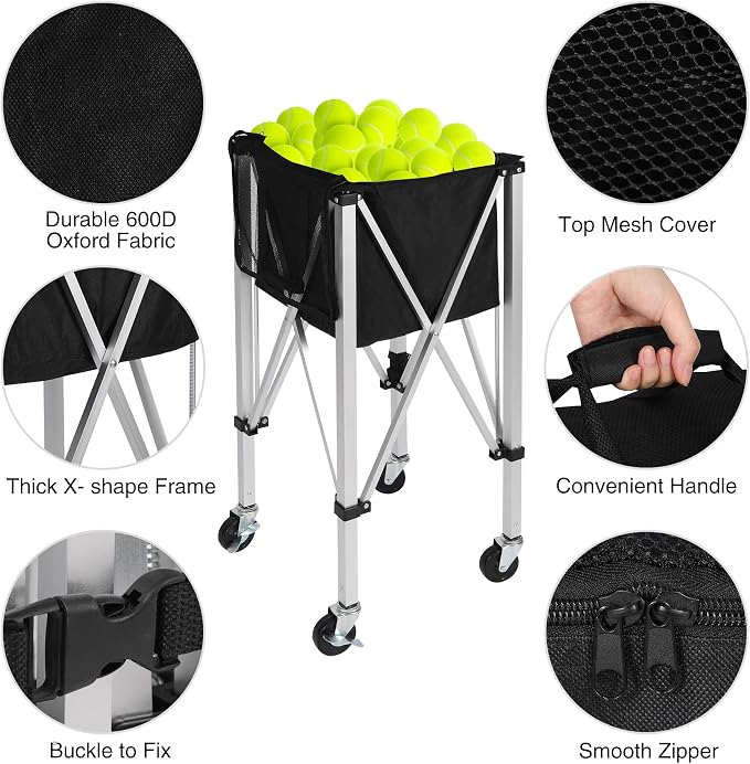 Portable Tennis Ball Hopper Holds 180 Balls, Tennis Ball Basket Cart with 4 Wheels & Brakes, Detachable Oxford Fabric Bag for Tennis and Pickleball Training, Black