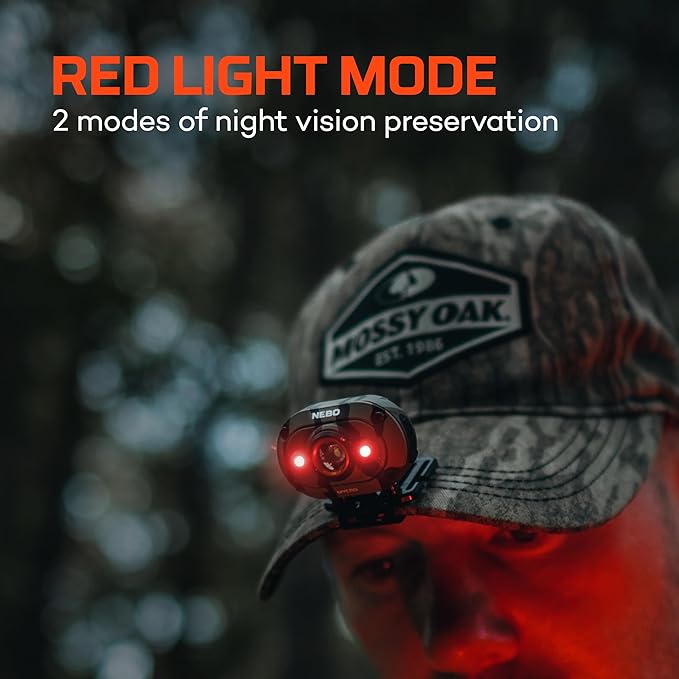 NEBO MYCRO 450 Headlamp | 450 Lumens, 6 Light Modes, White Red & Green Light, USB Rechargeable, Water Resistant, Adjustable Strap, Cap Light, Bright Light for Camping & Hiking – Mossy Oak Bottomland