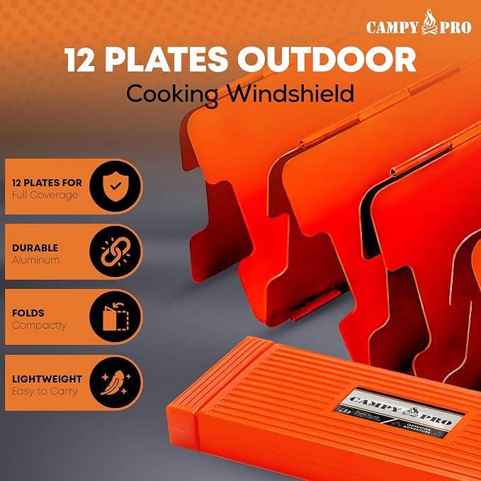 Red Camping Stove Windscreen, 12-Plates Premium Aluminum Wind Guard Shield, Foldable Portable Design with Storage Box, Heavy-Duty, Butane Burner Windshield for Outdoor Cooking