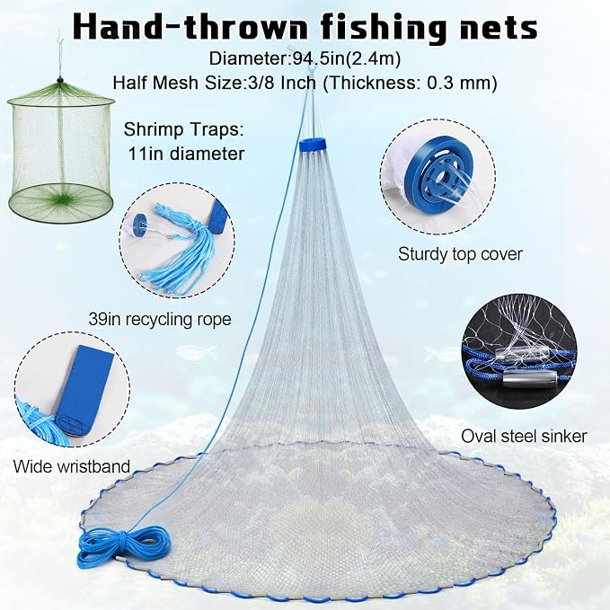 3 Pcs Fishing Bucket, Live Bait Aerator and Fishing Cast Net with Heavy Duty Sinker Foldable Live Bait Bucket Portable Quiet Aerator Fish Transport Container Outdoor EVA Bag