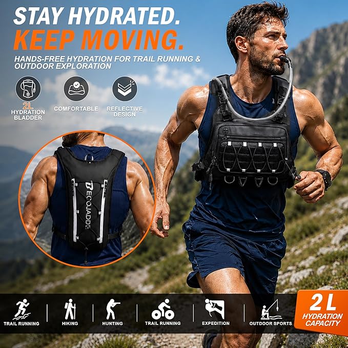 BECOJADDE Running Vest for Men with 2L Water Bladder Tactical Hydration Backpack Adjustable Lightweight Chest Pack for Marathon Hunting Cycling