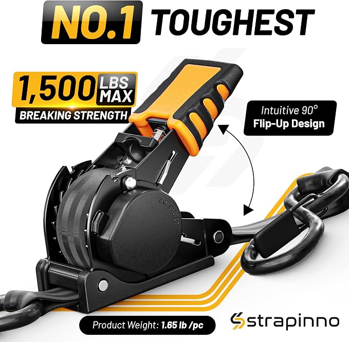 Strapinno Retractable Ratchet Straps (4-Pack), 1 in x 10 ft, 1,500LBS Break Strength, Most Durable Straps and Core, Auto Self Retracting Tie Downs for Truck, Moving, Motorcycle, Bike, Jetski, Kayak