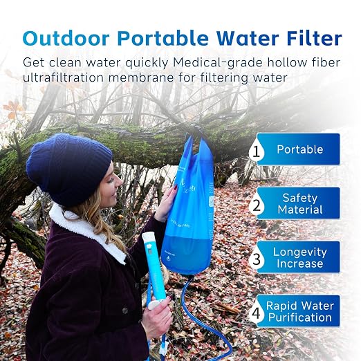 Water Filtration Straw Kit with LED Progress Display & 2 Gallon Bag, 0.1 Micron Portable Purifier for Hiking, Camping, Backpacking & Emergency Survival, Removes Contaminants