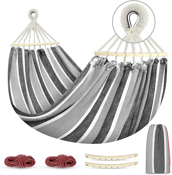 MOSFiATA Hammocks Portable Camping Hammock Upgraded 550lb Comfortable Fabric Hammock with Two Anti Roll Balance Beam and Sturdy Tree Straps for Camping, Patio, Backyard, Outdoor（Grey）