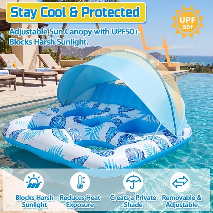 Chumia Pool Floats with Canopy for Adult, UPF50+ 1-2-3 Person Inflatable Floats with Sun Shade Backrest Footrest and Cup Holder Heavy Duty for Pool Lake River Beach Ocean Summer Party Supply