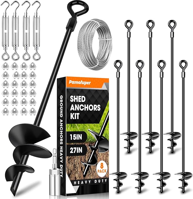 27in 8 Pack Ground Anchors with 3/16" Galvanized Cable Shed Anchor Kit, Trampoline Stakes Anchors High Wind – Ideal for Canopies, Sheds, Car Ports, Swing Sets Gazebo Greenhouse (27 in of 8 Pcs)