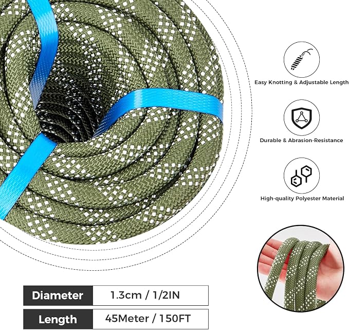 1/2 Inch 150ft Double Braided Polyester Arborist Rope, Heavy Duty Nylon Rope for Anchor, Tree Work, Cargo, Pulling, Sailing(ArmyGreen)