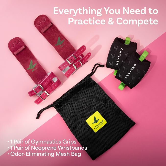 Gymnastics Grips Set, Grips for Gymnastics Girls, Dowel Grips with Soft Leather, Double Buckle Wrist Closure, and Adjustable Finger Holes, for All Ages
