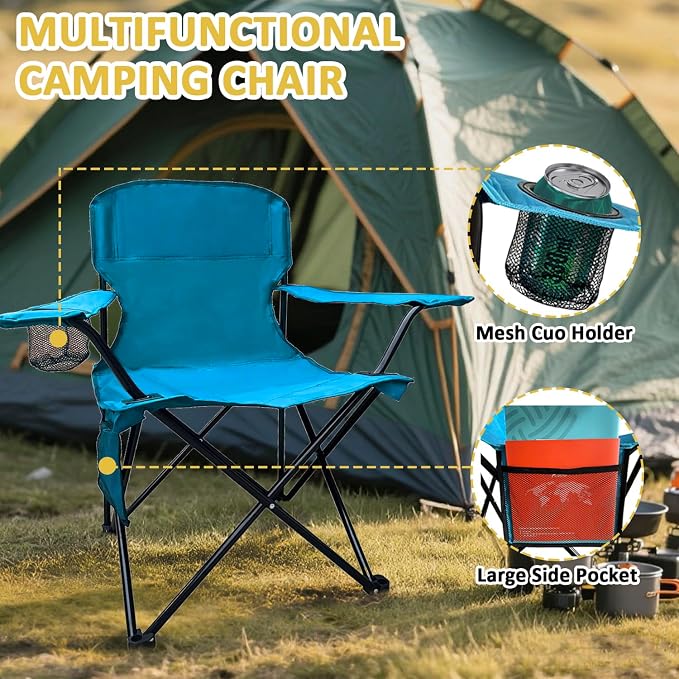 Folding Camping Chair with Cup Holder & Storage Bag, 225lbs Capacity, Large Anti-Sink Feet, Breathable PE Coated Fabric for Outdoor, Hiking, Beach, Fishing, Backpacking, 2PCS Blue