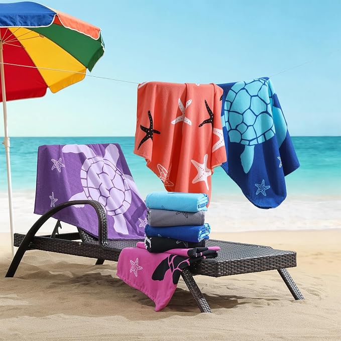 Belista Oversized Beach Towels 4 Pack,40”x70” Microfiber Thin Large Beach Towel Set for Adults Travel Camping Swimming,Turtle Starfish Them Sand Free Quick Dry Lightweight XL Pool Towels,Orange & Navy