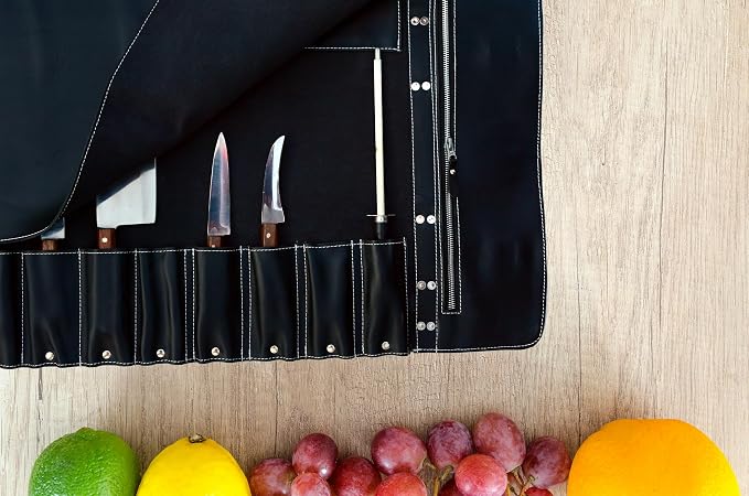 EVERPRIDE Premium Black Leather with Stunning Tawny Wheat Trim, Professional Chef Knife Roll and Bag for Knives, Sturdy Construction Chef Bag, Easy Carry Luxury Knife Case