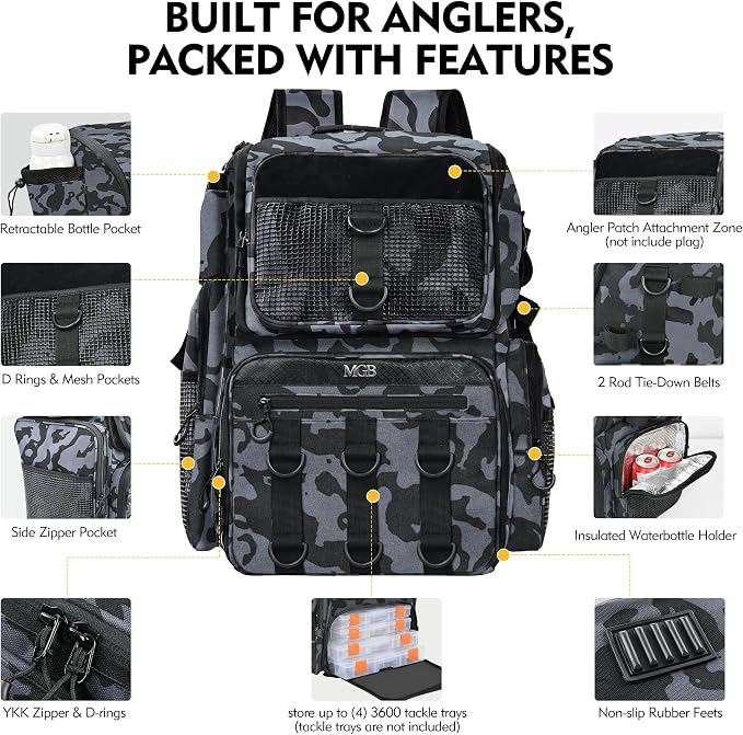 MGB 46L Fishing Tackle Backpack with 2 Rod Holders & YKK Zipper Storage Fishing Gear and Equipment, Gifts for Men Father