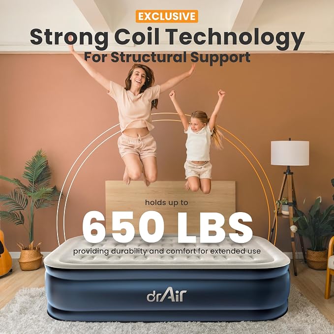 Dr. air Full Air Mattress, 18” Raised Inflatable Bed with Built-in Pump, Waterproof Velvety Top, Ergonomic Design, Reinforced Support, and Carry Bag for Home, Camping, and Guests