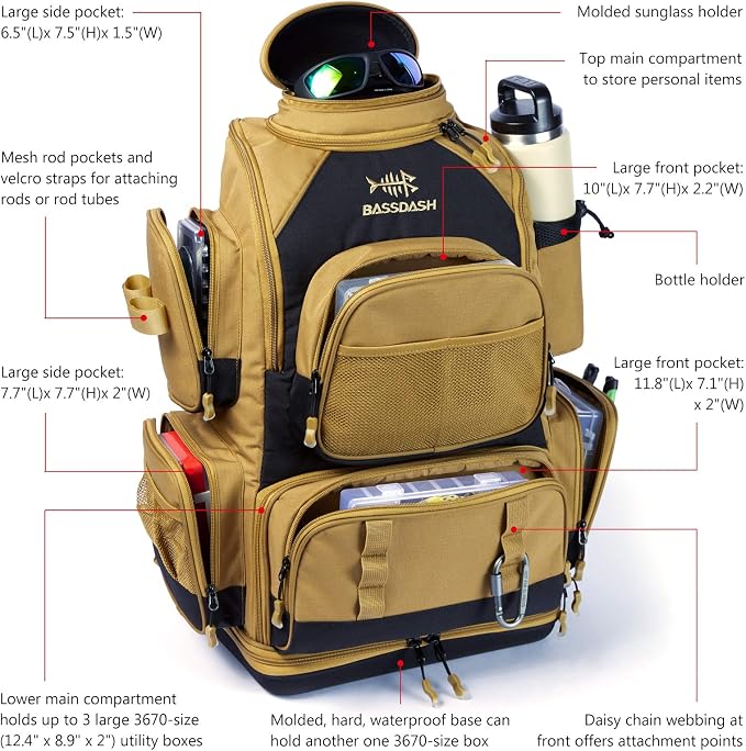 BASSDASH Fishing Tackle Backpack Water Resistant Tactical Bag Soft Tackle Box with Rod Holder and Protective Rain Cover