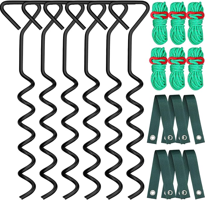 Sintuff 6 Set Tree Stakes and Supports Kit for Anti Hurricane Leaning Trees Straightening Heavy Duty 15. 75" Spiral Tree Stake with 13. 12 ft Ropes and 15. 75'' Support Straps (Green)