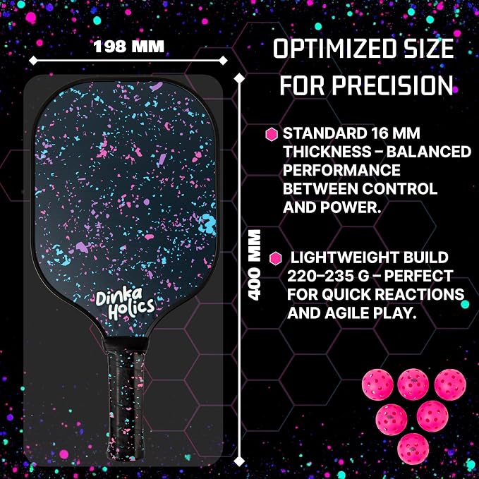 Carbon Fiber Pickleball Paddle – 16mm PP Honeycomb Core, Lightweight 220–235g, Comfortable Grip, Durable Design for Control & Power, Fun Designs