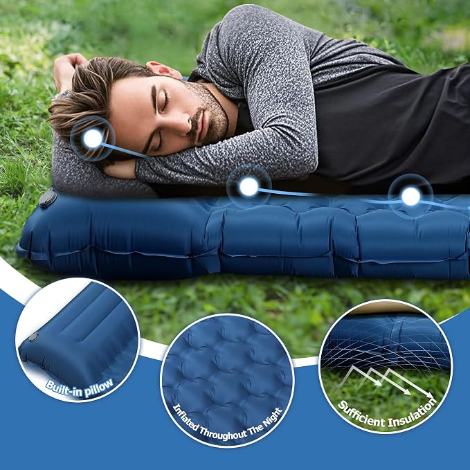 Toncoke Sleeping Pad, 4.7" Extra-Thick & Ultralight Inflatable Camping Mat with Pillow, Built-in Foot Pump, Compact for Backpacking, Camping, Hiking, Travel — Navy Blue