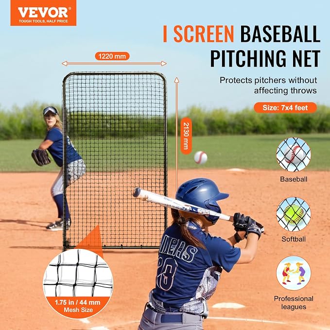 VEVOR Batting Screen - Baseball & Softball Protector with Carry Bag & Ground Stakes, Pitching Net for Pitchers Protection