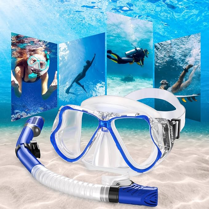 Greatever Dry Snorkel Set,Panoramic Wide View Anti-Fog Scuba Diving Mask,Professional Snorkeling Gear for Adults Kids