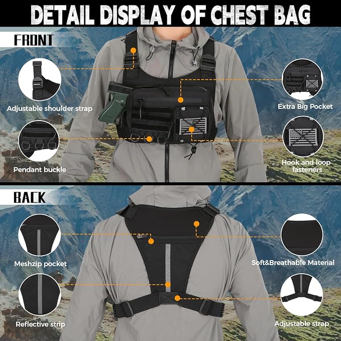 koculemi Outdoor Sports Chest Bag for Men, Chest Vest Holster Fits Most Pistols, EDC Travel Chest Pack for Running, Hiking