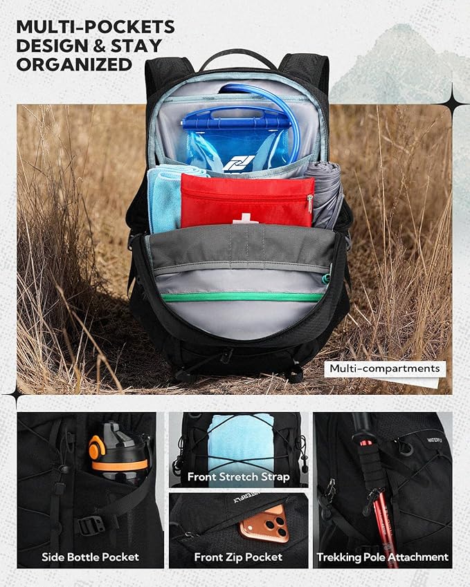 WATERFLY Small Lightweight Hiking Backpack: 20L Daypack for Women Men, Multi-Pocket, Breathable Back Panel with Chest Waist Strap, Outdoor Bag Pack for Travel Trekking Camping
