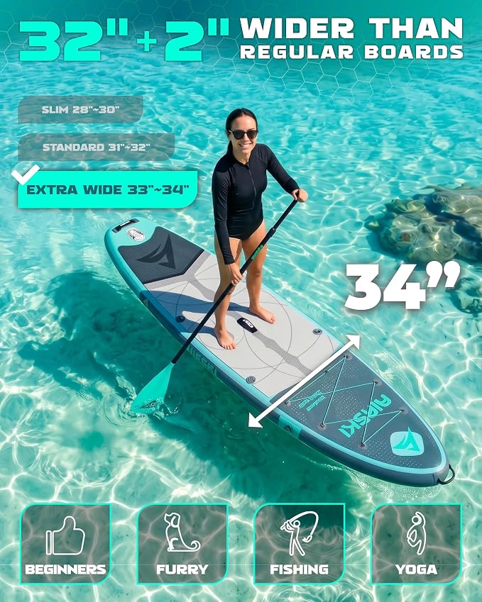 11'x34'' Extra Wide Inflatable Paddle Board, Stand-up Paddleboard for Adults, 420lb Capacity, Anti-Slip EVA, Stand-up Paddle Board for Yoga/Fishing/Family, US Fin, High-Pressure Pump, 100L Bag