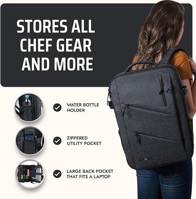 Asaya Chef Knife Backpack with 20-Pocket Knife Roll Bag - Over 30 Storage Pockets Chef Bag, Professional Backpack for Chefs and Culinary Students – Knives Not Included (Black)