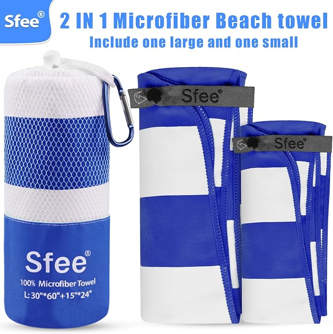 Sfee 2 in 1 Microfiber Beach Towel, Quick Dry Towel Travel Camping Towel Super Absorbent Compact Lightweight Sports Gym Towels Set for Beach, Gym, Hiking, Pool, Backpacking, Bath, Yoga