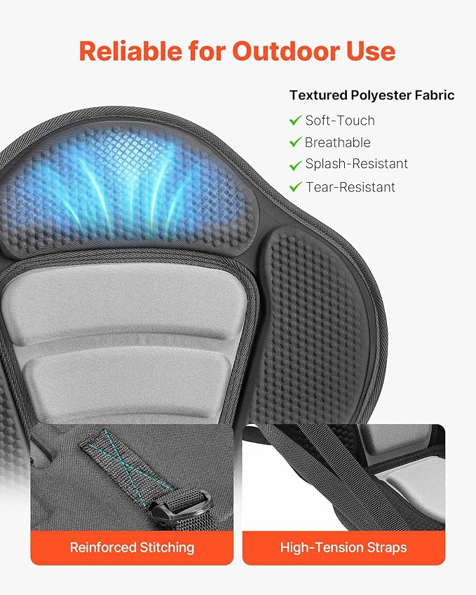 VEVOR Kayak Seat, Universal Paddle Board Seat with Adjustable Back Support, Multiple Thickness Options (0.5” to 2.6”), Soft Padded Cushion & Storage Bag for SUP, Canoe, Fishing Boat, Inflatable Kayak